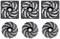 Five black computer fans, three inside the case and two without, on a white background. They are evenly arranged.