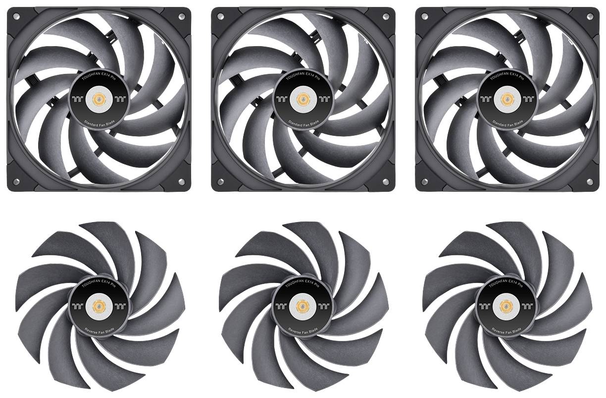 'Three black computer fans with an orange logo in the centre, two of them frameless, side by side on a white background.'