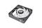 A square computer fan with a black frame and white rotor blades, manufactured by Thermaltake.