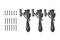 'Three black cable harnesses with plugs and labels, each with four screws and nails for fastening, arranged side by side.'