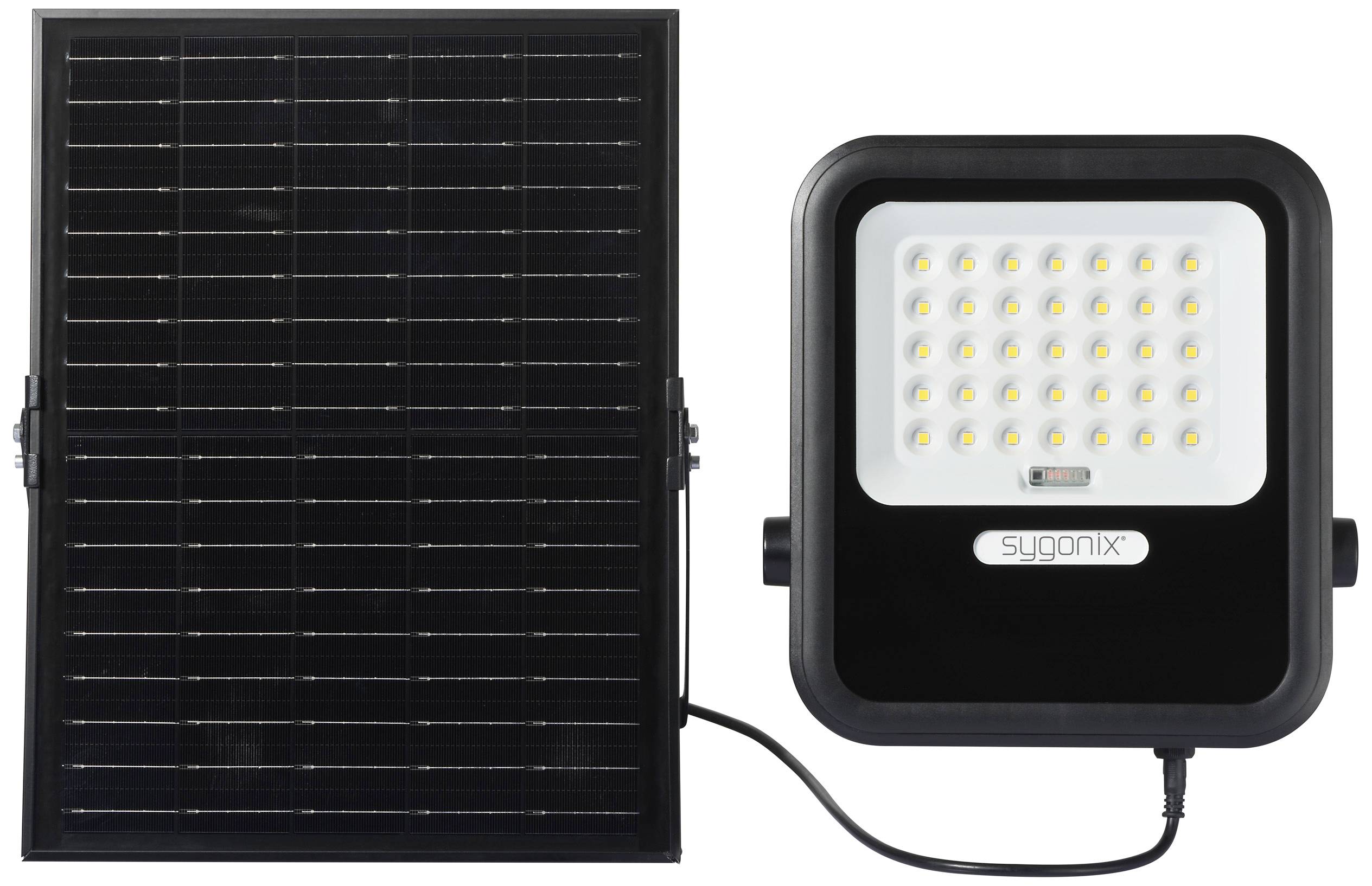 Solar panel next to LED floodlight. Ideal for energy-efficient outdoor lighting.