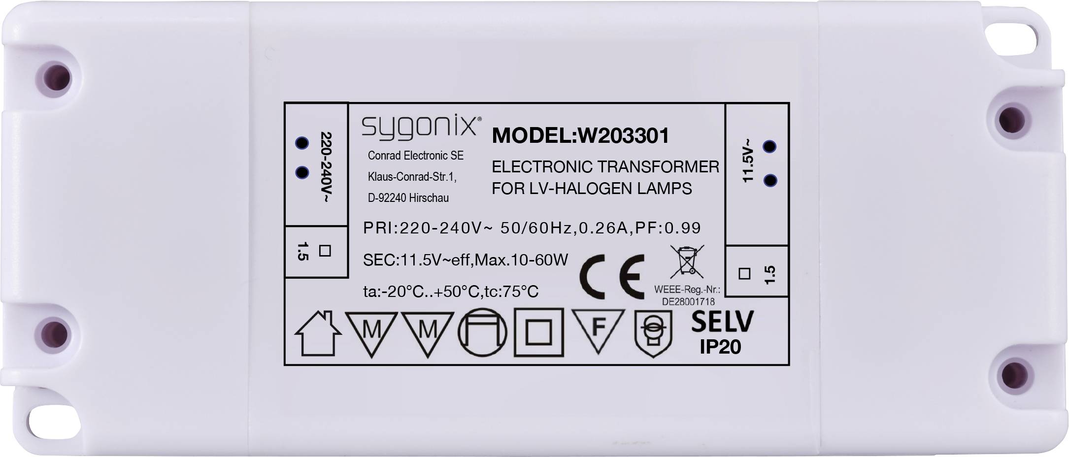Sygonix SY-6313016 Halogen transformer 11.5 V AC 10 - 60 W