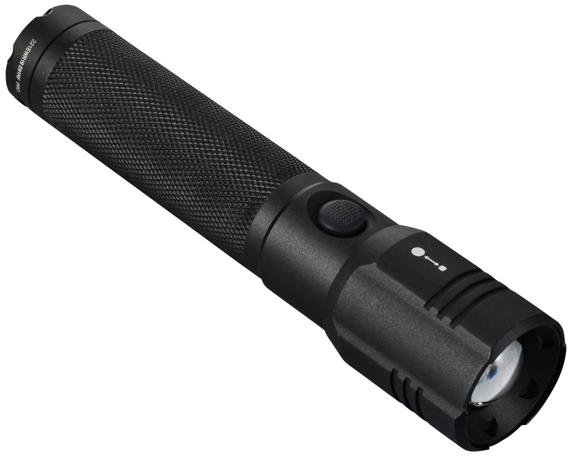 Black torch with textured surface and power switch on the side.