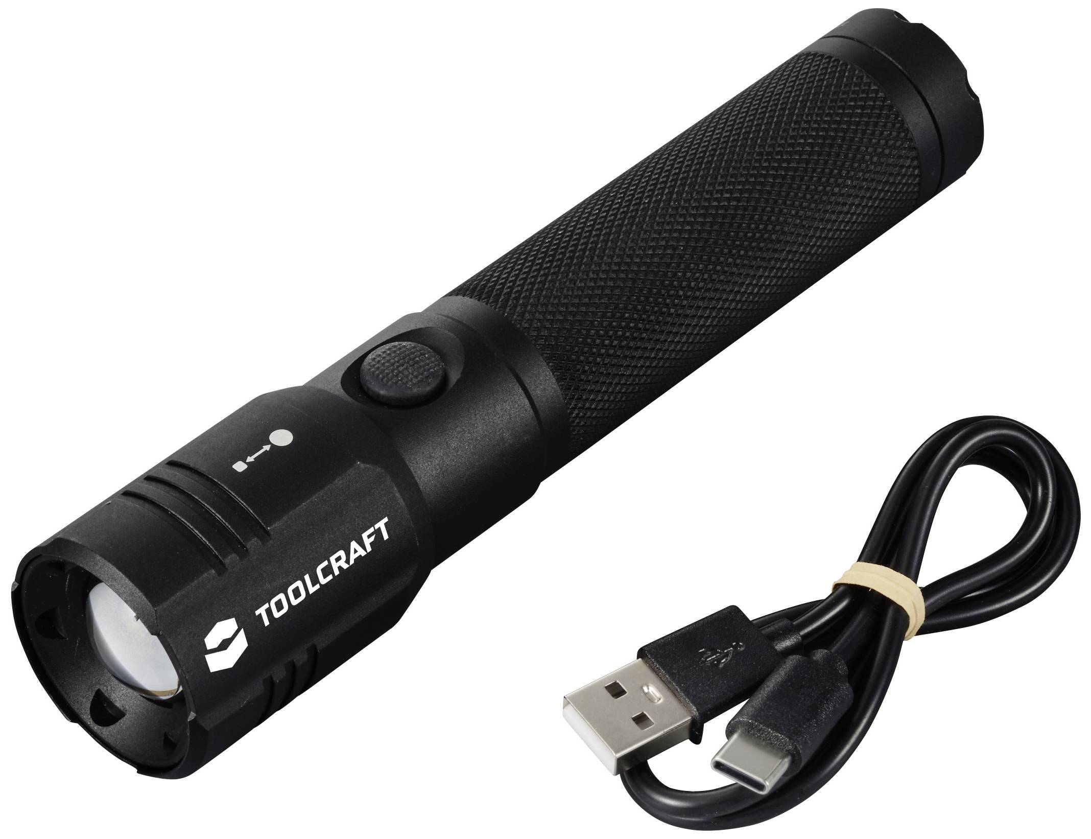 Black LED torch with USB port and charging cable. Branded 'TOOLCRAFT'.