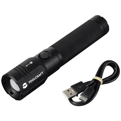 Black LED torch with USB port and charging cable. Branded 'TOOLCRAFT'.