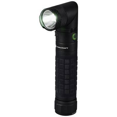 Black torch with angled head, green illumination button, and textured grip for improved handling.