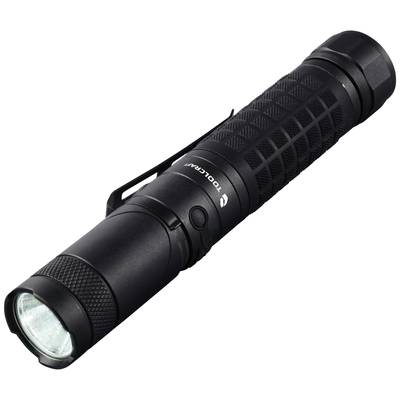 Black torch with a ribbed grip and clip, positioned at an angle, showing an activated LED light.