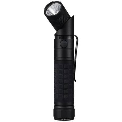 A black tactical torch with a swivelling head and side push button, perfect for versatile illumination.