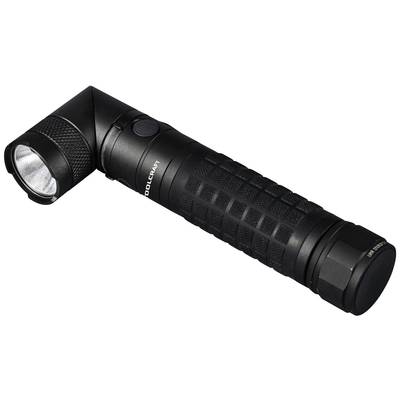 Black torch with angled head and textured grip, lying on white background.