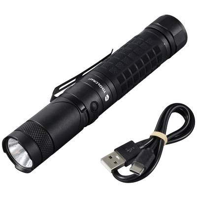 Black torch with rubberised grip and clip, alongside a USB charging cable.