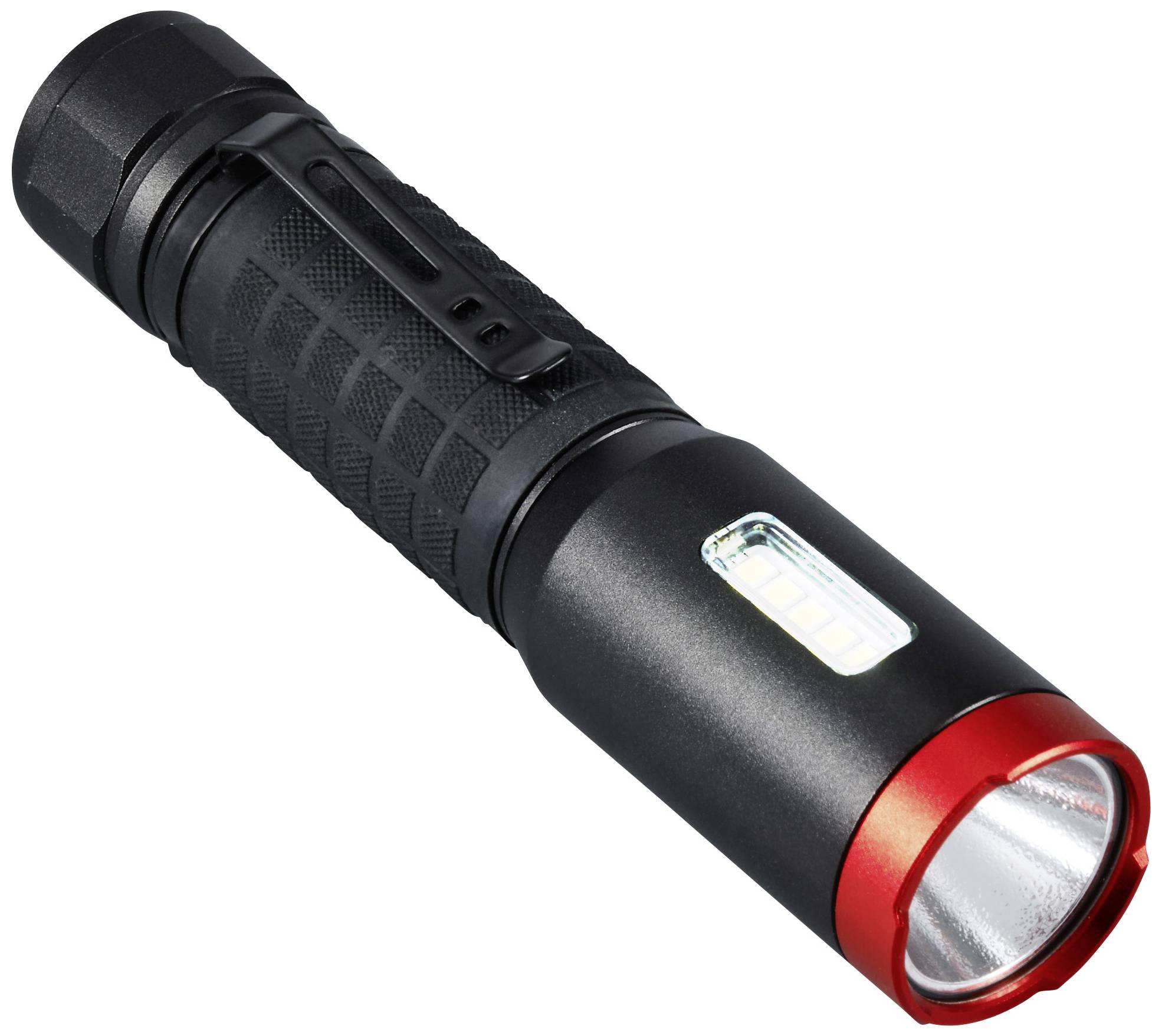 A black torch with a red border and a clip on the side. It is switched on and illuminating.