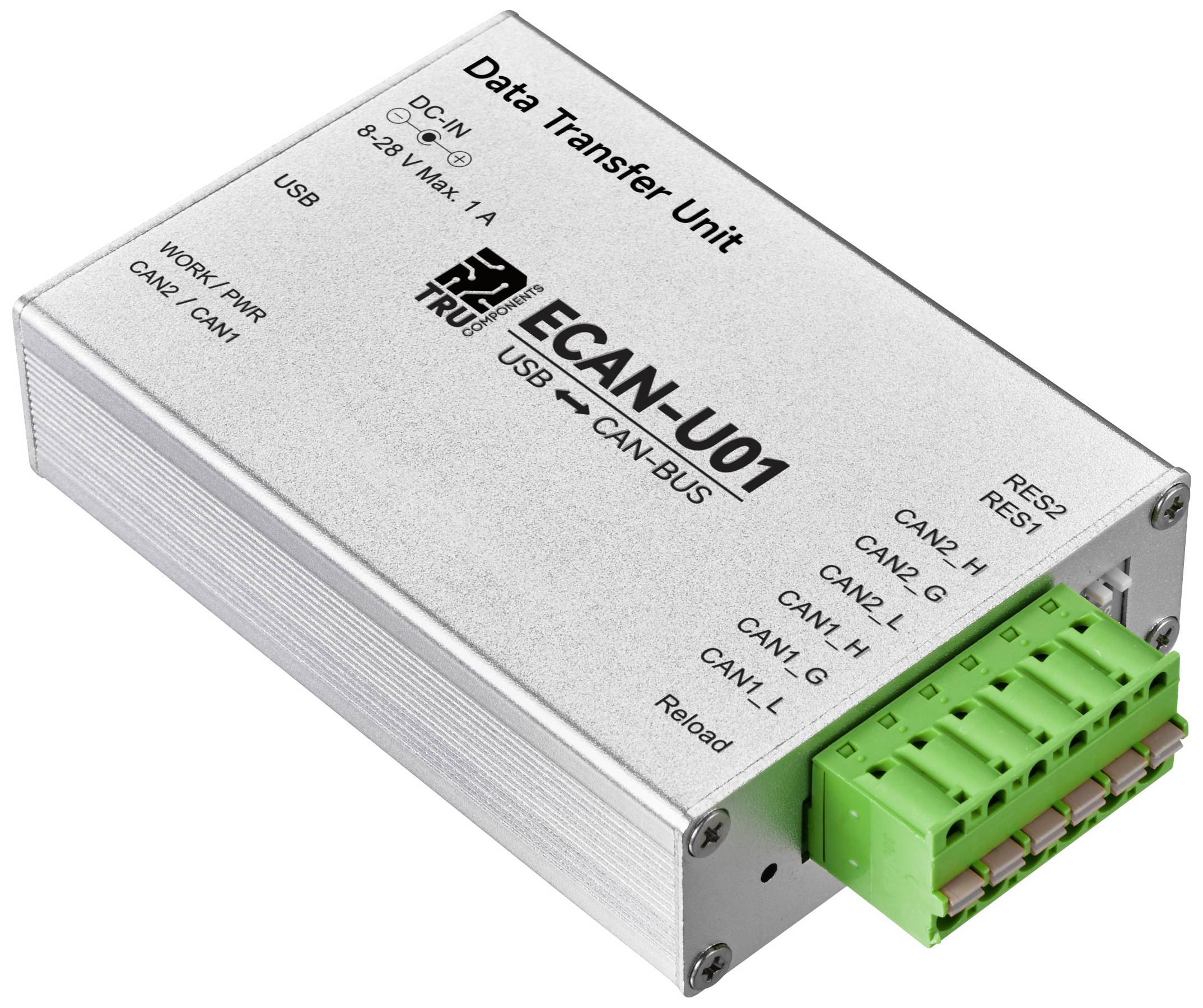 Silver electronic device with the label 'Data Transfer Unit ECAN-U01' and multiple green ports, featuring USB and CAN bus interfaces.