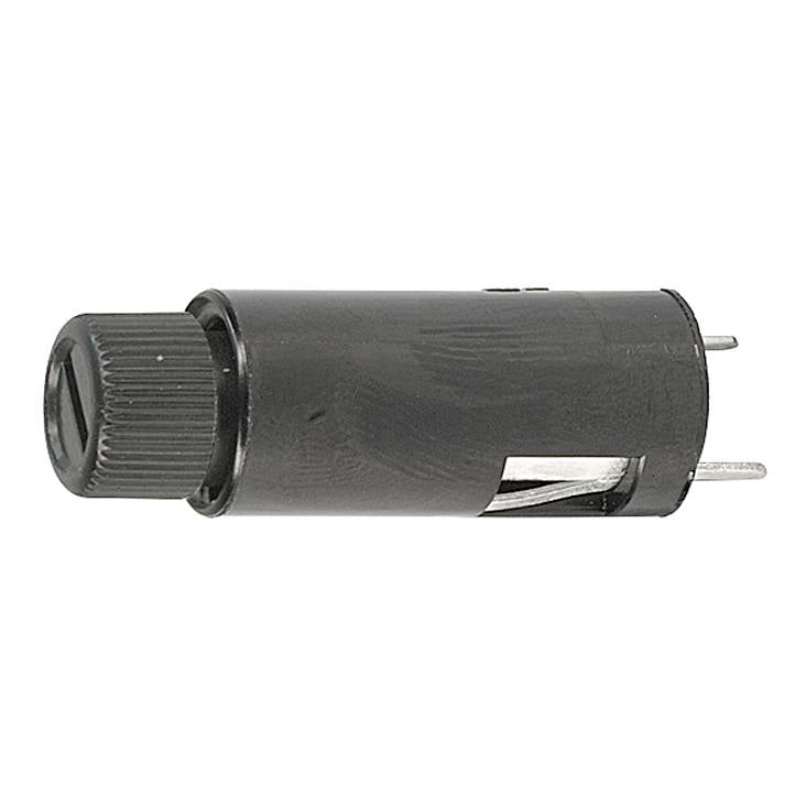 A black round cigarette lighter socket with two metal contacts at one end and a ribbed handle at the other.