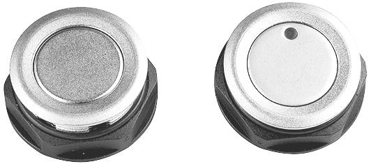 Two round, metallic press studs with black bases side by side. The left button has a flat surface, the right one a slightly indented surface.