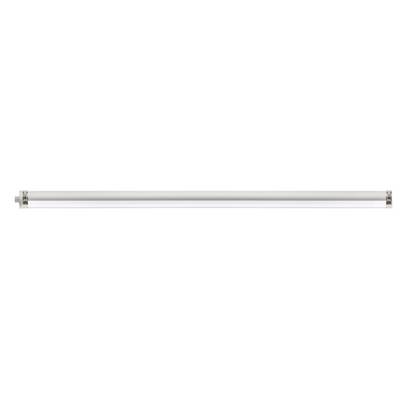 A fluorescent tube light on a white background with metal ends and translucent casing.