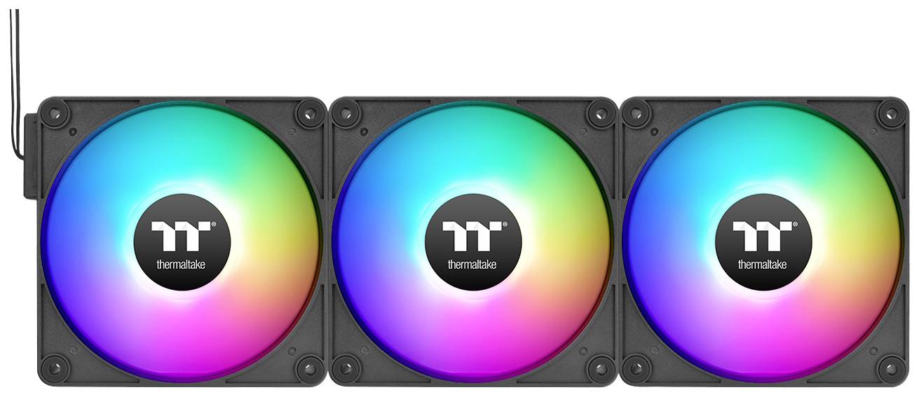 Three computer fans with multi-coloured RGB lighting arranged side by side. Brand logo in the centre of each fan.
