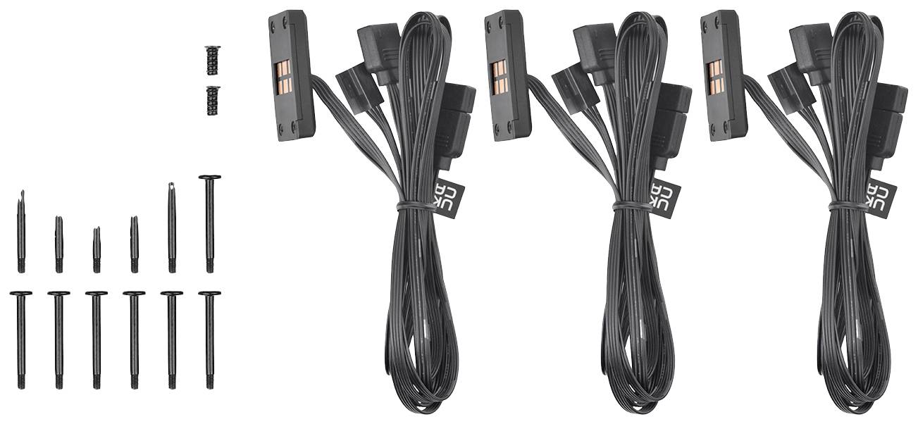 'Three black cable harnesses with connectors, surrounded by ten black nails and four small plug adapters.'
