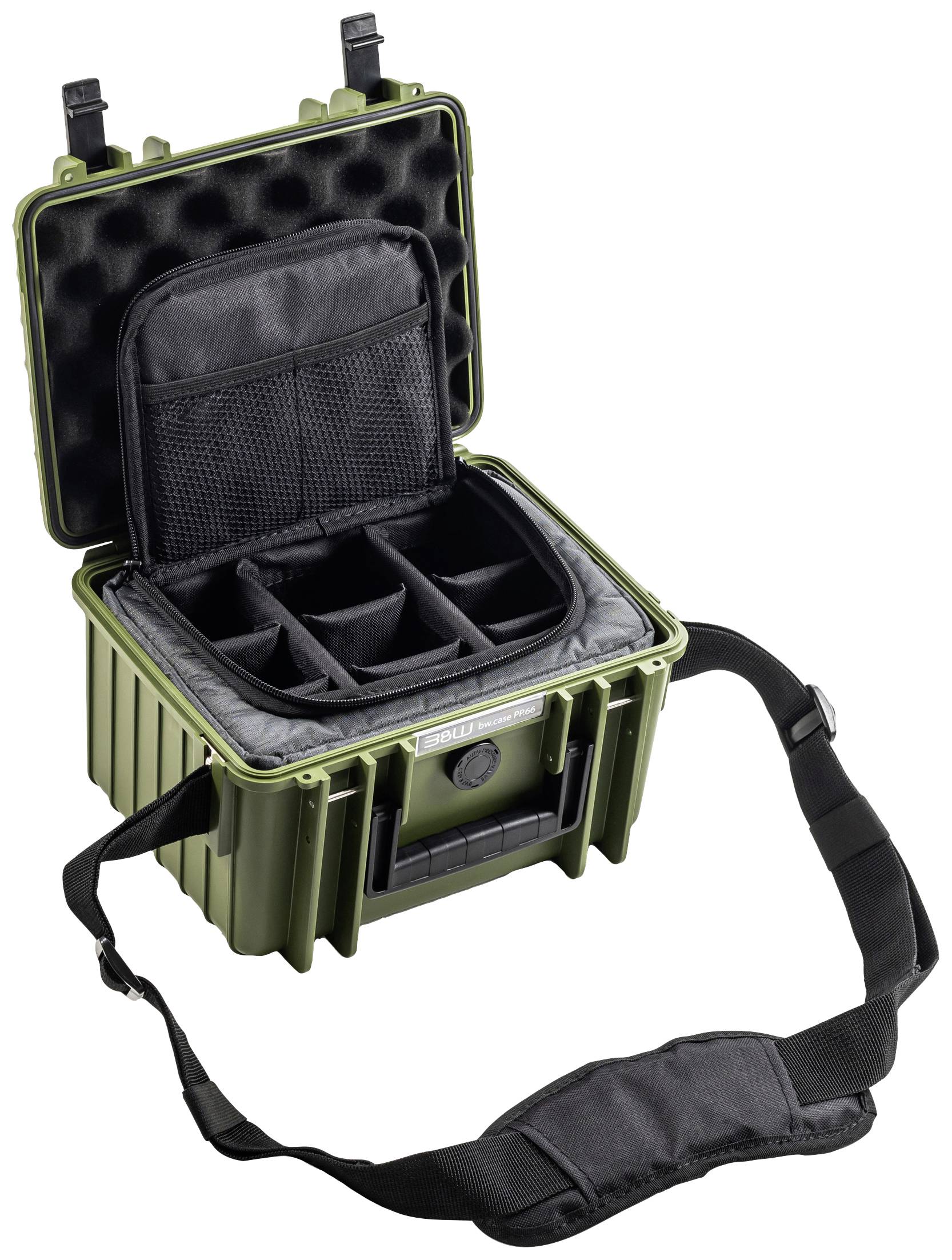 An opened, olive green, robust suitcase with padded compartments and a shoulder strap. Ideal for the secure transportation of camera equipment.