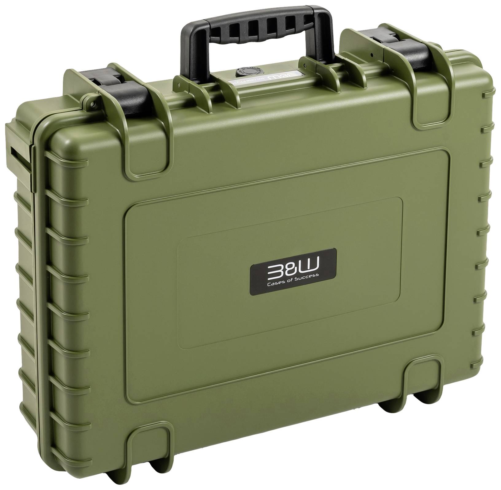 A sturdy, olive green transport case with carry handle and black fastenings. Ideal for protecting sensitive equipment.