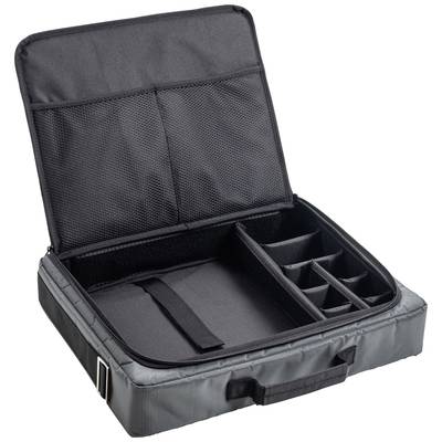 Padded carry bag with multiple compartments, suitable for securely storing electronic devices and accessories.