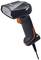 A black, wired handheld scanner with orange accents. Ideal for scanning barcodes in retail environments.