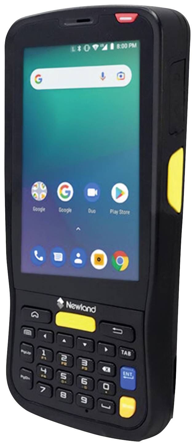 Mobile data collection device with keypad and display, showing multiple app icons on the screen, including Google and Play Store.