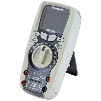 A digital multimeter on a stand, the AVO-850 model by Megger. It features a large screen and various function buttons.