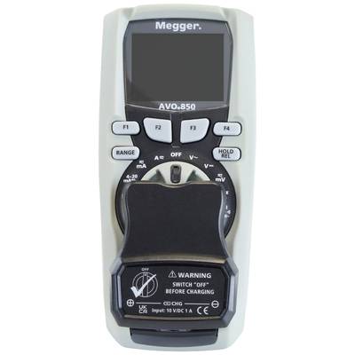 A digital multimeter, model Megger AVO.850, displays measurement readings. It has operating buttons and a large rotary switch for selection.