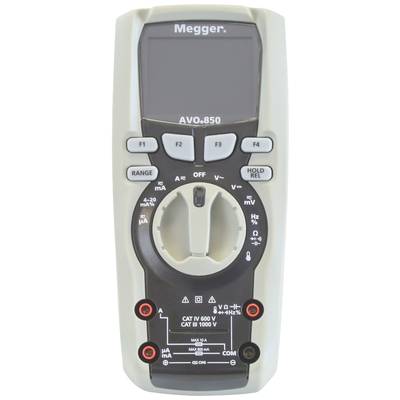 A digital multimeter 'Megger AVO 850' with LCD display. It features a rotary selector switch and buttons for configuring various measurement ranges.