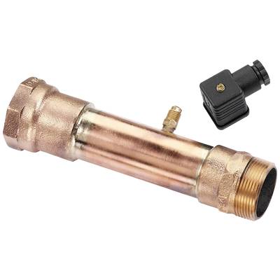 Copper pipe with an attached black electronic module. The pipe has varying thicknesses and connections at each end.