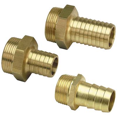 Three brass-coloured hose connectors with thread and ridged end, suitable for connecting pipes or hoses.