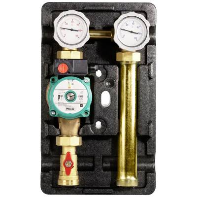 Heating pump unit with two manometers and pump, installed in a black housing. Indicators display pressure in red and blue.