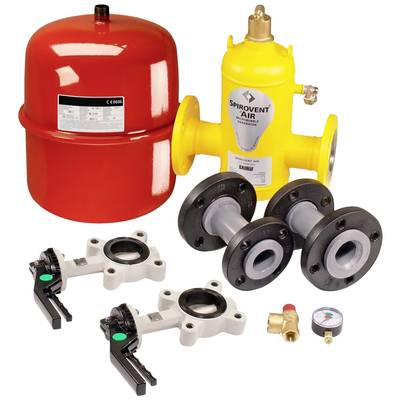 Red expansion vessel, yellow air separator, two black valves, three seals, one pressure gauge. Installation components for heating systems.
