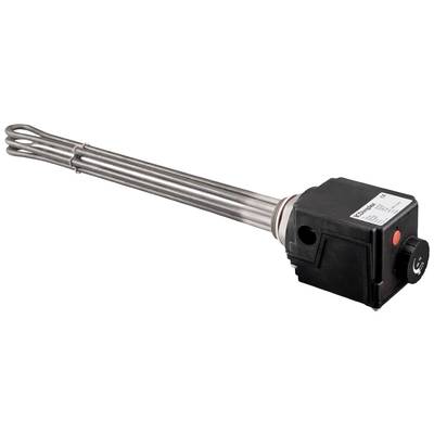 Heating element with a black casing and rotary knob, for temperature control in heating devices. Stainless steel tubes are bundled and extended.