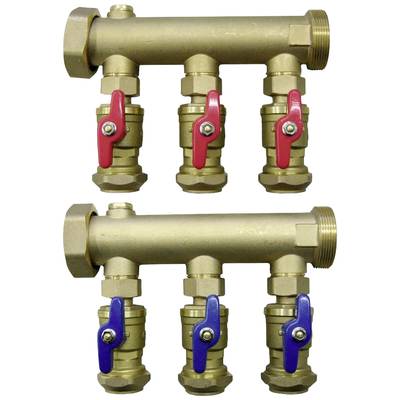 Two brass manifolds, each with three isolation valves. The upper row has red levers, the lower row blue. Used in heating or plumbing systems.