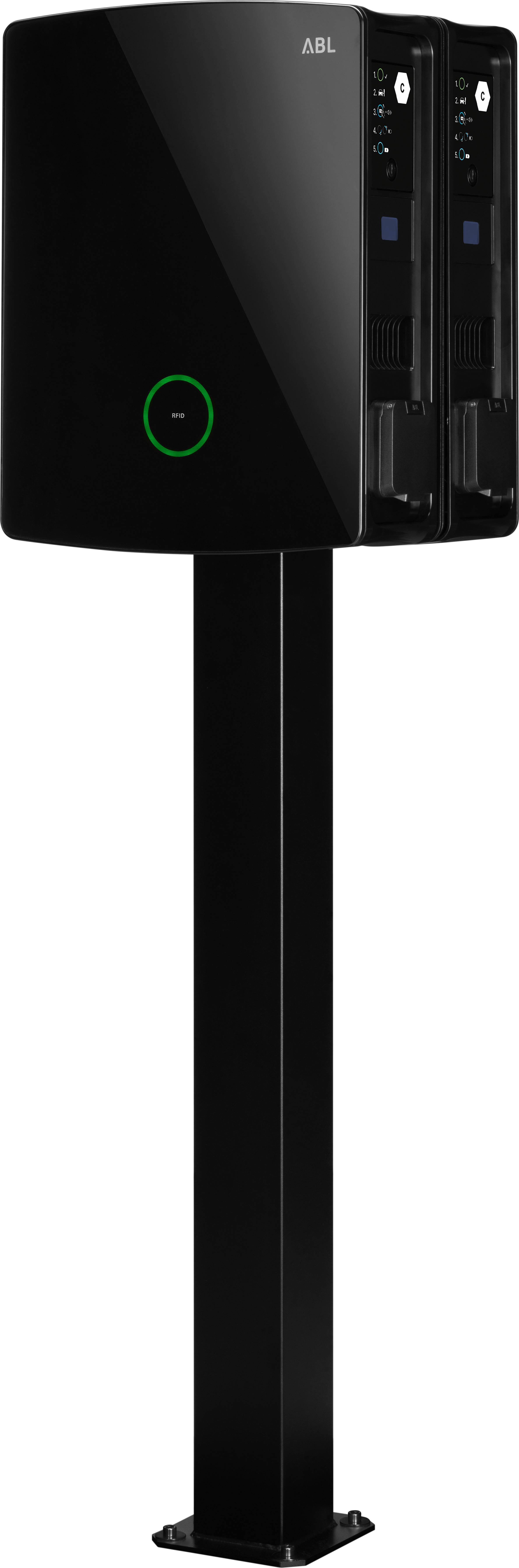 A black electric vehicle charging point with two charging spaces and a green illuminated ring, mounted on a slim base.