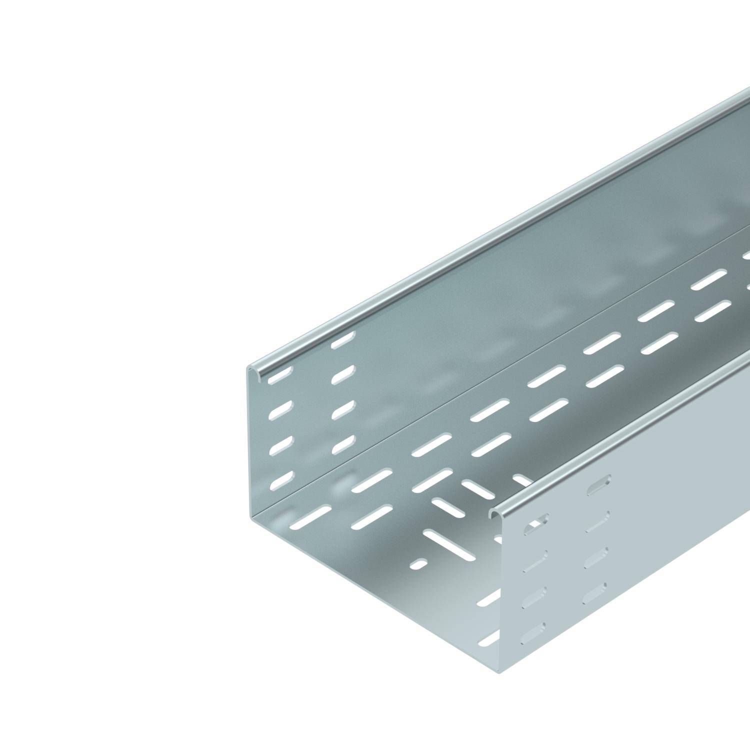 A silver-coloured metal cable trunking system, rectangular in shape, with perforated sides for cable management.