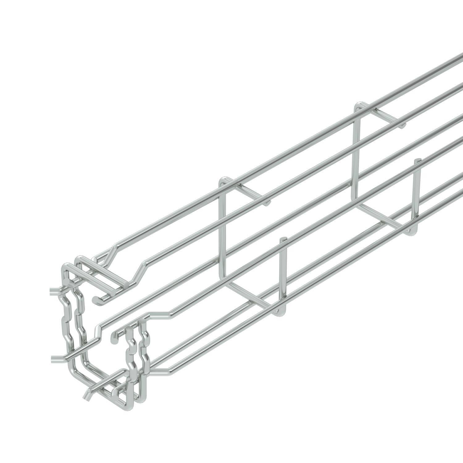 A silver metal cable trunking with an open mesh grid design for organised cable management in technical installations.