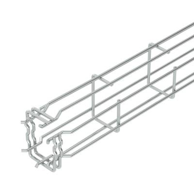 A silver metal cable trunking with an open mesh grid design for organised cable management in technical installations.