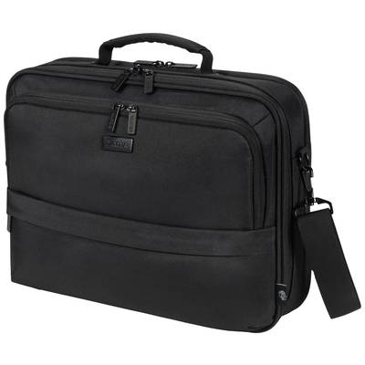 Black leather briefcase with zip fastener and shoulder strap, suitable for carrying a laptop or documents.