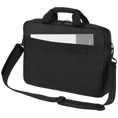 Black laptop bag with carry handle and shoulder strap. A magazine or document is protruding from the outer pocket.