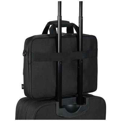 A black laptop bag sits securely on a larger suitcase. Both have extendable handles pointing upwards.