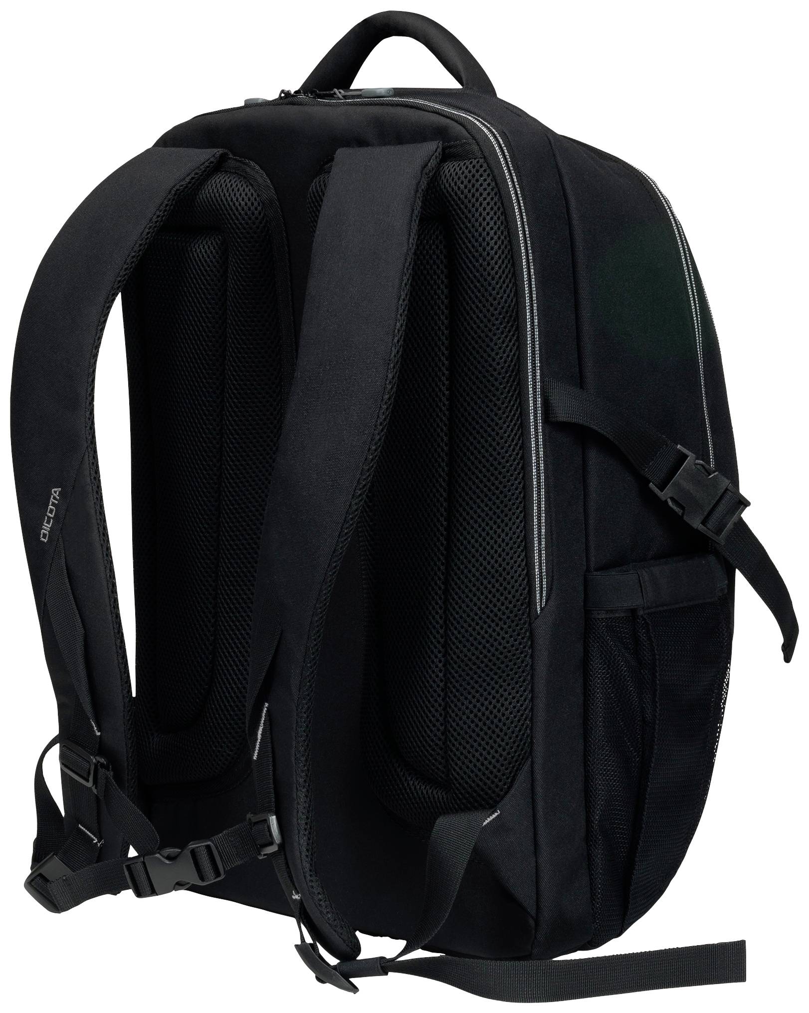 Black rucksack with padded shoulder straps and side mesh pocket, suitable for daily use or travelling.