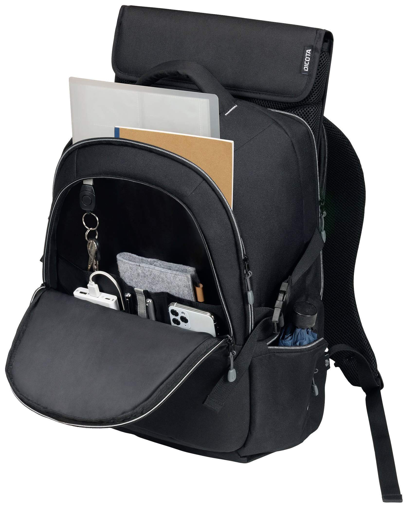 Black rucksack with multiple compartments, filled with a laptop, notepad, mobile phone, keys and pen holder.