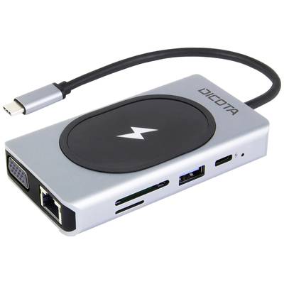 A silver USB-C hub with multiple ports: VGA, Ethernet, USB-A, and SD card slot. On top is a circular charging surface.