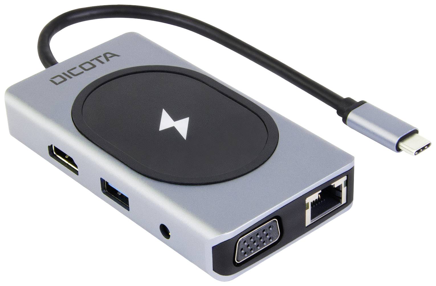 External adapter with USB-C connection and multiple interfaces: HDMI, USB-A, VGA and Ethernet. Brand name on the top surface.