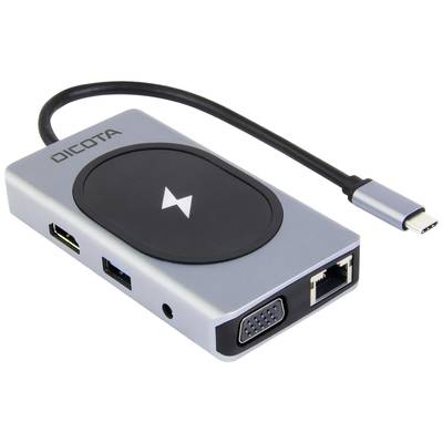 External adapter with USB-C connection and multiple interfaces: HDMI, USB-A, VGA and Ethernet. Brand name on the top surface.
