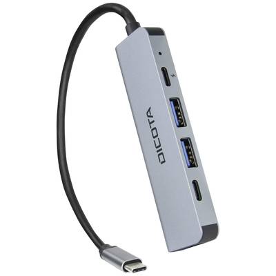 A silver USB-C hub with multiple ports, including two USB-A ports, a USB-C port, and an HDMI port.