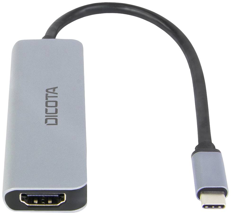 A silver adapter with a USB-C plug to HDMI socket, perfect for connecting devices with different ports.