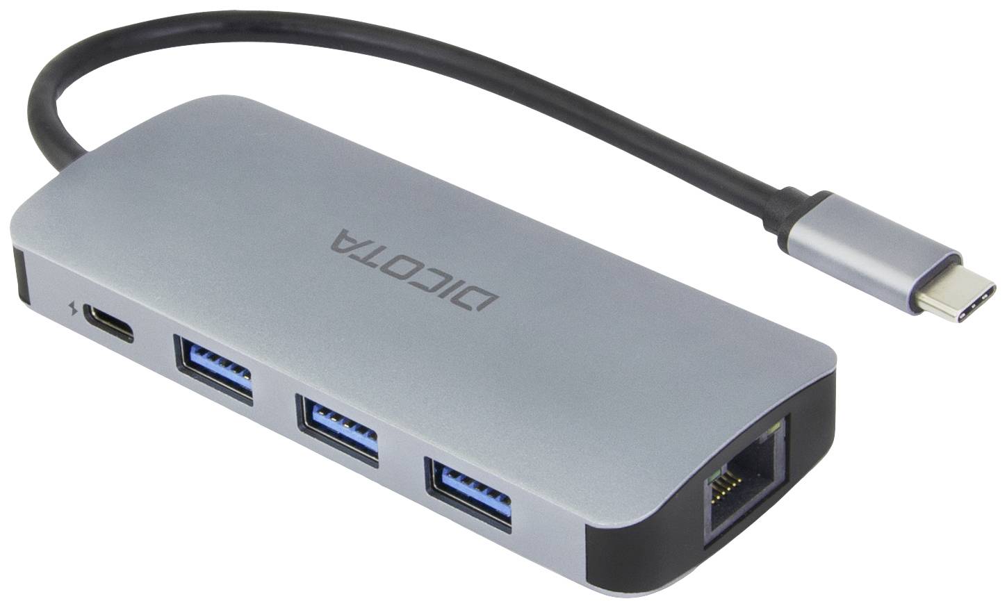 A silver USB-C hub with multiple ports: three USB ports, an Ethernet port, and an HDMI output. Perfect for connecting multiple devices.